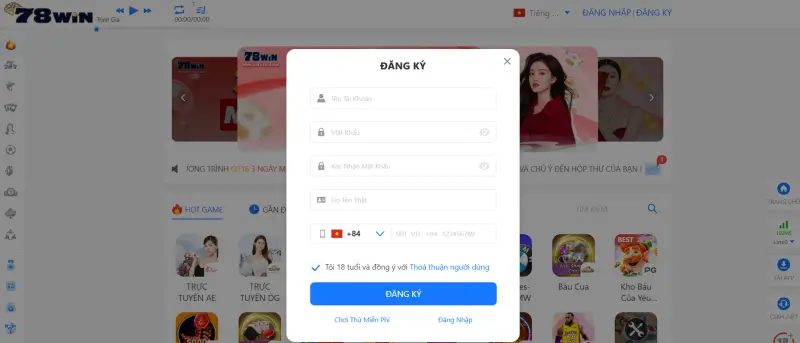 Đăng ký tài khoản tại 78win